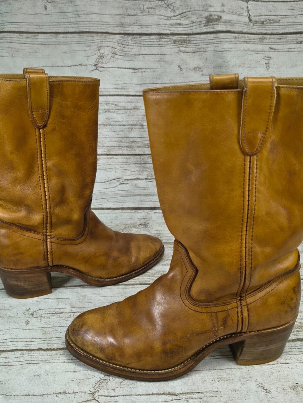 Vintage Double H Tan Leather Campus Western Boots Made in Canada Size 9.5